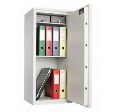 Метален сейф SB 1000 KL - сив на цвят, отворен, пълен с класьори