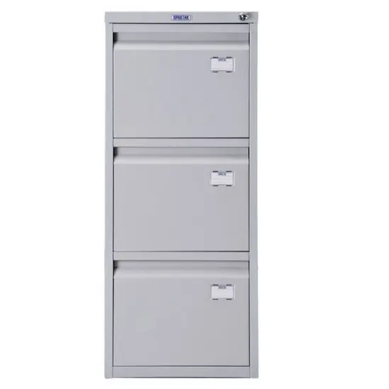 Метална картотека PMT с 3 чекмеджета - сива, снимана в профил, със затворени чекмеджета