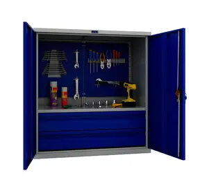 Шкаф за инструменти PMT 1095 - с отворени врати, син на цвят, пълен с отверки и винтоверти
