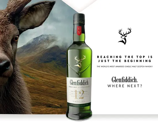 Бутилка Бутилка 12-годишно скоч уиски Glenfiddich 1 л. със снимка на овен и логото на Glenfiddich