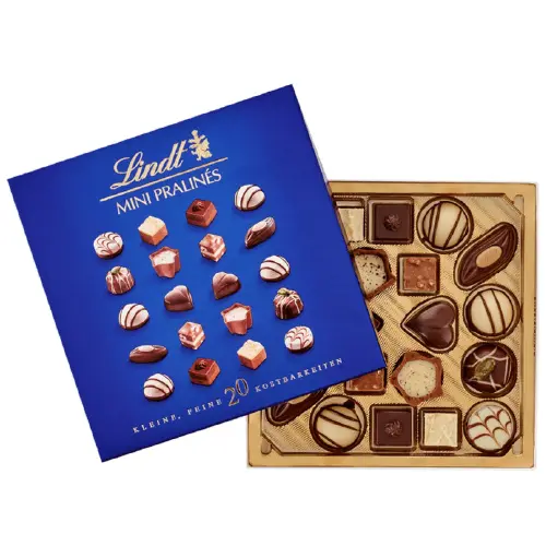 Отворена кутия с мини пралини Lindt 20 броя, син капак