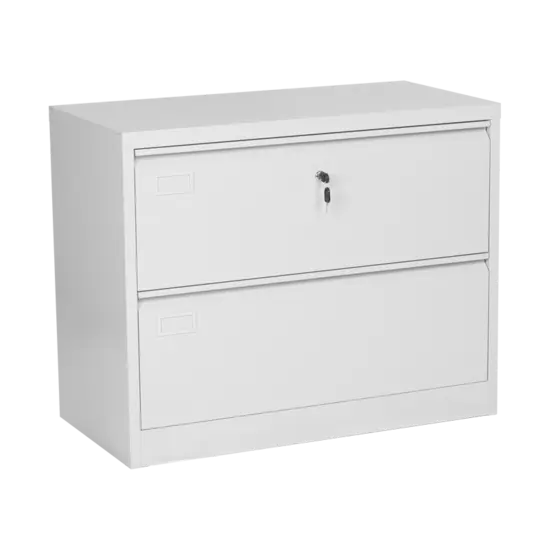 Метална картотека J BTL с 2 чекмеджета - сива на цвят, снимана отстрани, със затворени чекмеджета