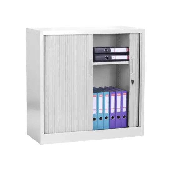 Метален шкаф BTL J с 2 отделения 90х90х40 - с отворена дясна врата, пълен с класьори, сниман отпред