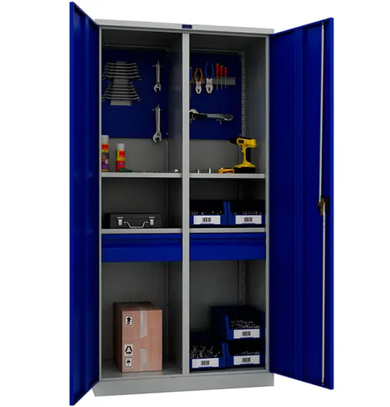 Шкаф за инструменти PMT 1995 TC - с отворени врати, сини на цвят, напълнен с инструмент отвътре, сниман отпред