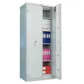 Архивен шкаф PMT огнеупорен EL с 5 отделения 195x94x58.5см -сниман отпред, с една отворена врата и наредени класьори вътре