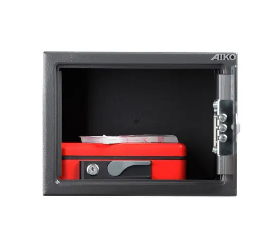 Метален сейф PMT 230 EL - сниман централно, с широко отворена врата, пълен с червена касета