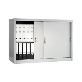 Архивен шкаф PMT с 2 отделения 83.2x121.5x45.8 см- с лявата врата плъзната до средата, пълен с класьори, сниман отпред