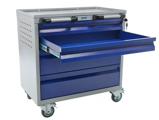 Количка индустриална S4 - синя, с колелца, горното чекмедже е отворено