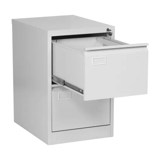 Метална картотека L BTL с 2 чекмеджета - сива на цвят, снимана под ъгъл, с отворено горно чекмедже