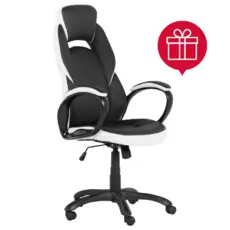Геймърски стол ЦВЕТАН еко кожа, в черно и бяло, с пиктограма за подарък