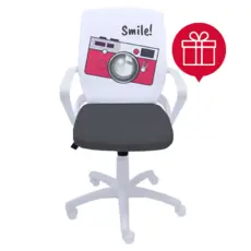 Детски стол УСМИВКА - сива седалка, облегалка с картинка на фотоапарат и пиктограма с подарък