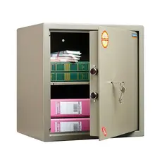 Отворен Метален сейф PMT 46 - сив, с отворена врата, пълен с калсьори