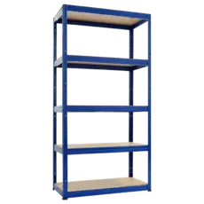 Снимка отпред – син метален стелаж BTL 180x90x40 см с 5 МДФ рафта