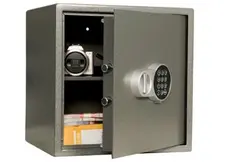 Метален сейф T - 40 EL, сив, сниман отпред, пълен с документи