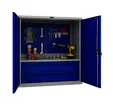 Шкаф за инструменти PMT 1095 - с отворени врати, син на цвят, пълен с отверки и винтоверти