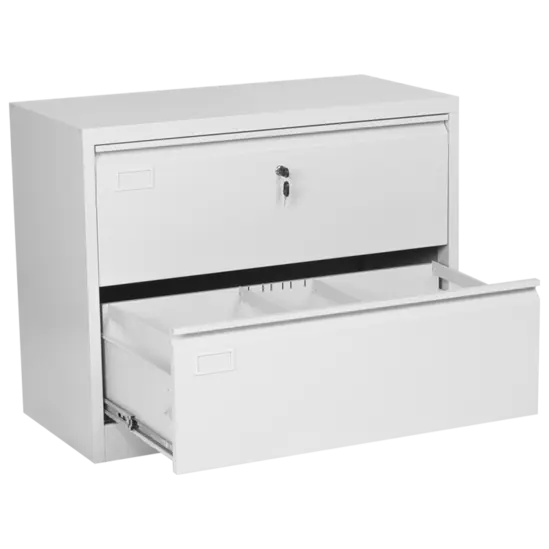 Метална картотека J BTL с 2 чекмеджета - снимана отстрани, сива на цвят, с долното чекмедже отворено.