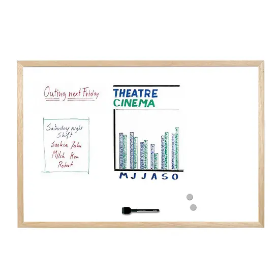 Бяла магнитна дъска с дървена рамка 40х60 см - снимка отпред, с рисунки по нея