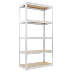 Снимка отпред: Метален стелаж BTL в бял цвят, показан отпред с видими МДФ рафтове и регулируема височина