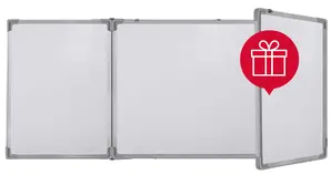 Бяла магнитна дъска 120х360 см тройна с алуминиева рамка - в подаръчен комплект с маркери за бяла дъска