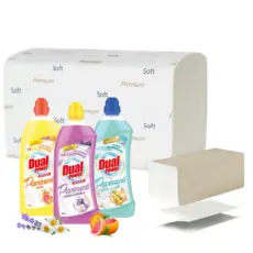 Опаковки от пакетите Z‑fold (200 бр.) и препарат за под Dual Power от комплекта Perfetto