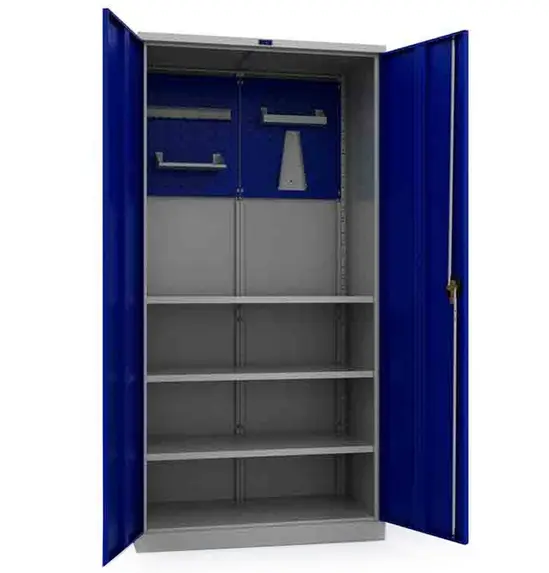 Шкаф за инструменти PMT 1995 T23 - сини врати, които са отворени широко, сниман отблизо, празен отвътре, с 3 големи рафта