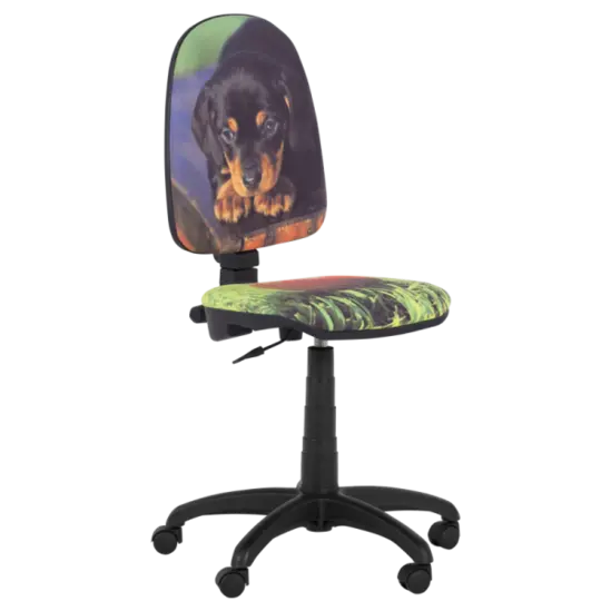 Детски стол КУЧЕ- снимка отстрани, черна база, с куче