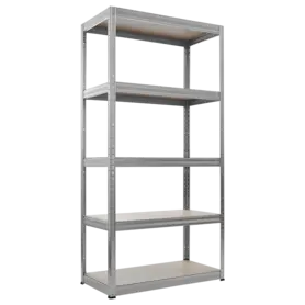 Снимка отпред: Метален стелаж, цинково покритие, МДФ рафтове, регулируема височина