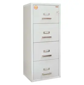 Метална огнеупорна картотека FC PMT 4K KK - снимана под ъгъл, със затворени чекмеджета, сива на цвят