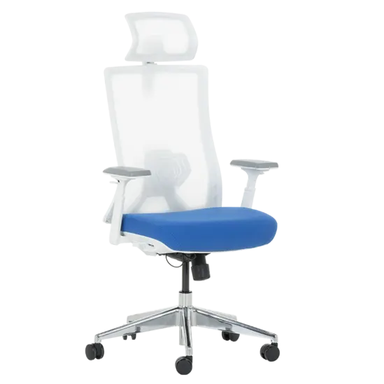 Работен стол НЕРЕЙ- снимка отпред, синя дамаска-седалка, бял меш-облегалка