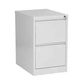 Метална картотека L BTL с 2 чекмеджета - сива на цвят, снимана под ъгъл, със затворени чекмеджета