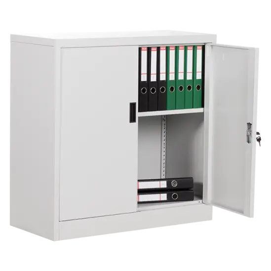 Архивен шкаф BTL L с 2 отделения 90х90х40 см- сниман под ъгъл, с една отворена врата, пълен с класьори