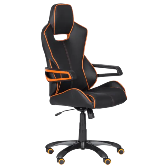 Геймърски стол ГРОЗДАН- снимка отпред, еко кожа, черно с оранжев детайл