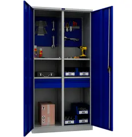 Шкаф за инструменти PMT 1995 TC - с отворени врати, сини на цвят, напълнен с инструмент отвътре, сниман отпред