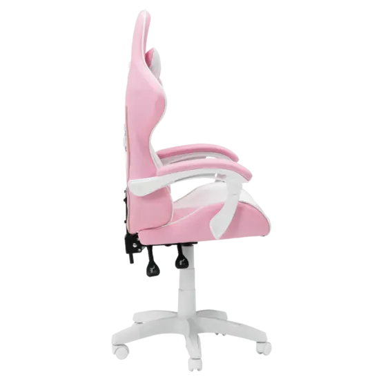 Геймърски стол ТЕСА- бяла база, бели подлакътници с меки розови падове от еко кожа