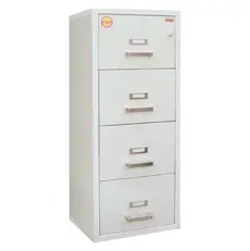 Метална огнеупорна картотека FC PMT 4K KK - снимана под ъгъл, със затворени чекмеджета, сива на цвят