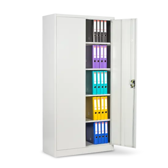 Архивен шкаф BTL E с 5 отделения 185х80х40 см- сив, с отворена дясна врата, пълен с класьори,сниман отпред