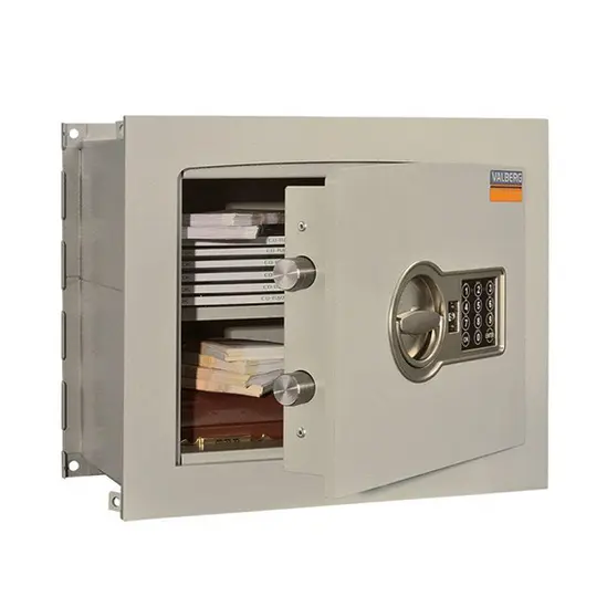 Метален сейф PMT за вграждане 22 EL - отворен сив, с папки вътре