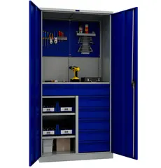 Шкаф за инструменти PMT 1995 TC15 - син, отворени врати, напъленен с иструменти