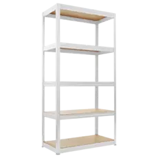 Снимка отпред: Метален стелаж BTL в бял цвят, показан отпред с видими МДФ рафтове и регулируема височина
