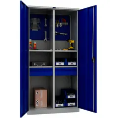 Шкаф за инструменти PMT 1995 TC - с отворени врати, сини на цвят, напълнен с инструмент отвътре, сниман отпред
