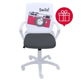 Детски стол УСМИВКА - сива седалка, облегалка с картинка на фотоапарат и пиктограма с подарък