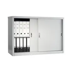 Архивен шкаф PMT с 2 отделения 83.2x121.5x45.8 см- с лявата врата плъзната до средата, пълен с класьори, сниман отпред