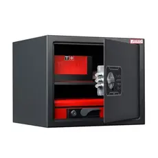 Метален сейф PMT 280 EL - черен,  отворен и пълен с червени кутии вътре