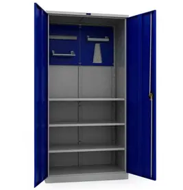 Шкаф за инструменти PMT 1995 T23 - сини врати, които са отворени широко, сниман отблизо, празен отвътре, с 3 големи рафта