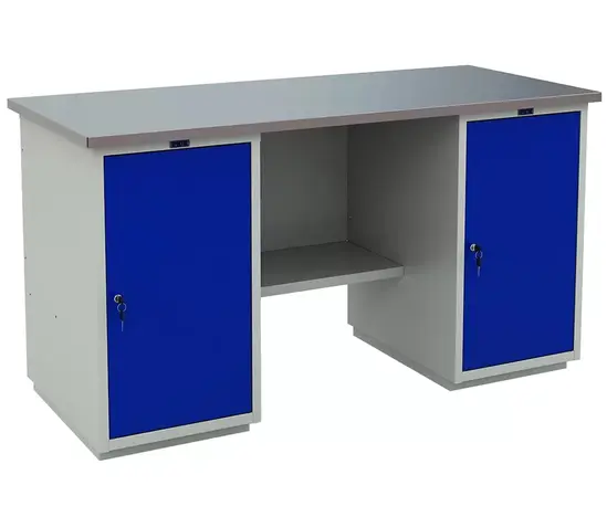 Работно бюро PMT 180 WD1 - сини врати, които са затворени, изчистено бюро