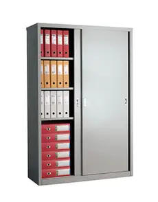 Архивен шкаф PMT 183х121.5х45.8 см с лявата врата плъзната надясно, нареден с класьори, сниман отпред