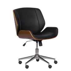 Работен стол КАТРИН-снимка отпред, черна еко кожа, дъвен детайл