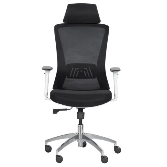 Работен стол ХЕРАКЪЛ-снимка отпред, черен меш, бели подлакътници